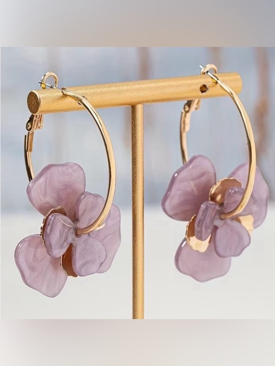 non branded Jewelry - Gold Hoop Earrings with Lavender Floral Charms 3-layered Earrings